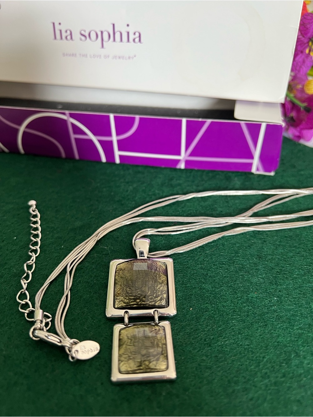 Lia Sophia Olive-Tone Double Square Checkerboard cut Pendant Necklace